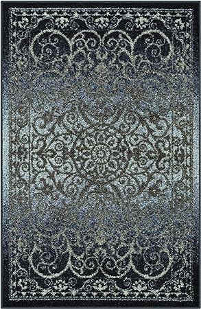 Pelham 2-Piece Non Slip Machine Washable Traditional Vintage Throw and Runner Floor Carpet, 17"x24" + 17"x48", Blue/Grey