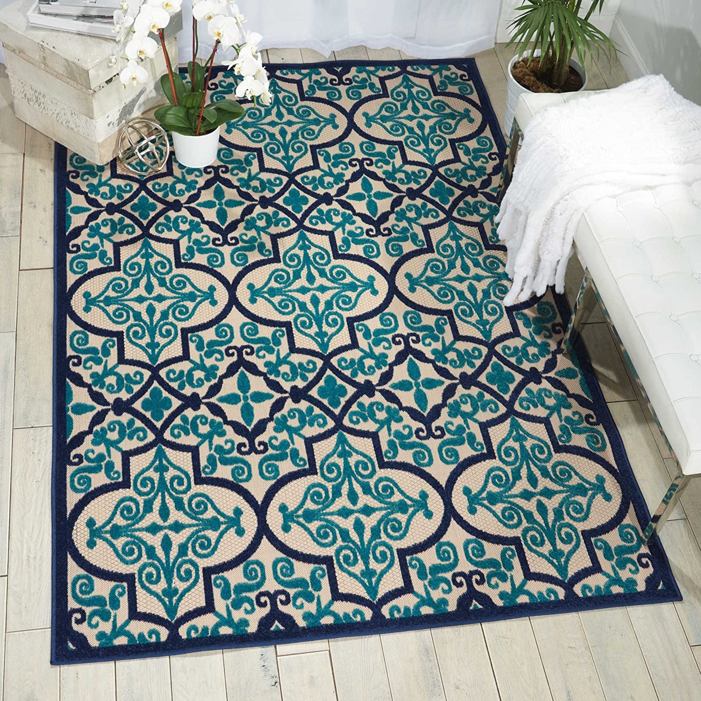 Aloha Indoor Outdoor Navy Aqua Moroccan Area Rug