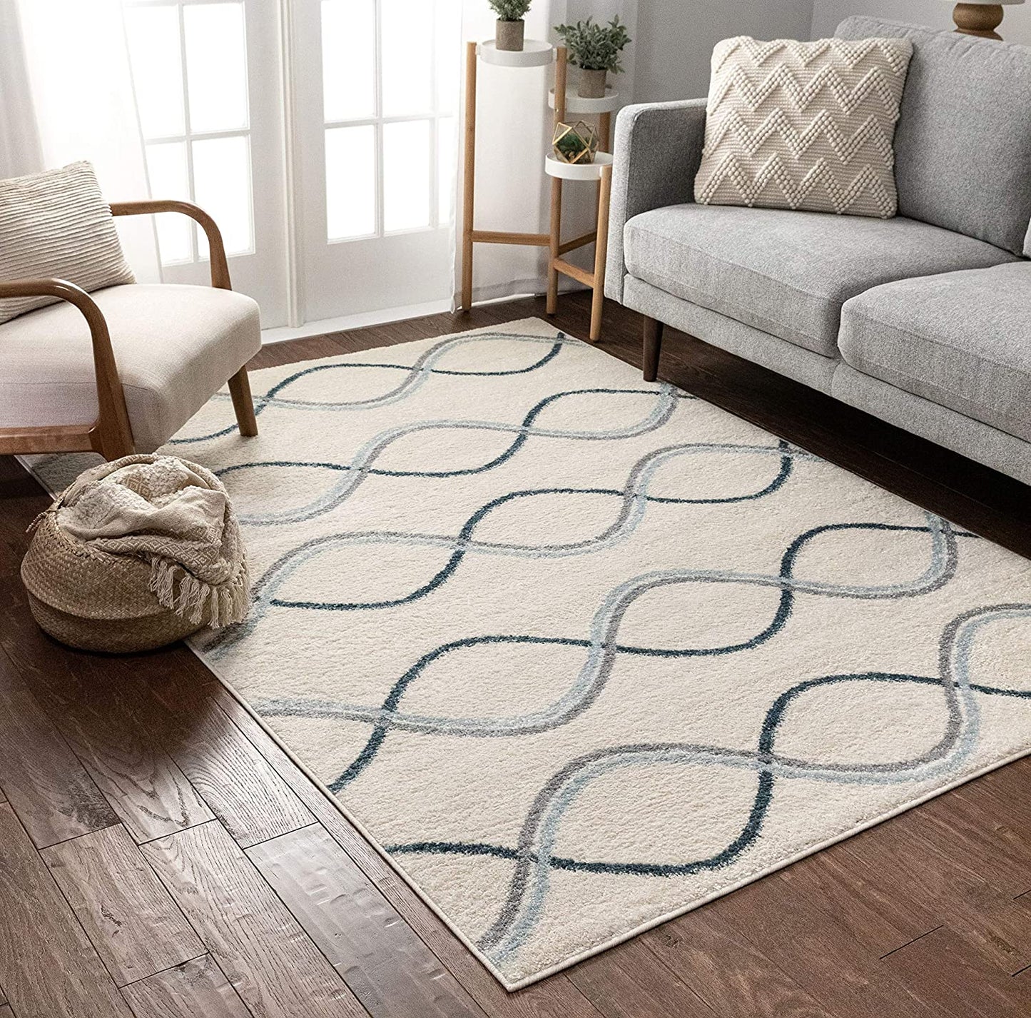 Stripes Solid Geometric Ivory Blue Grey Area Rug