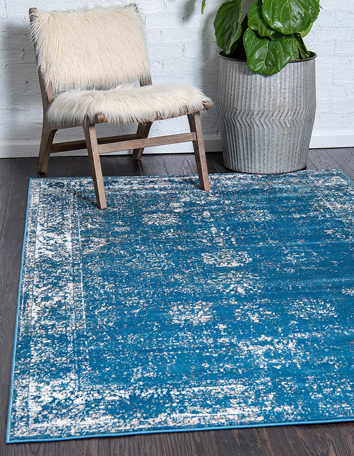 Vintage Distressed Bordered Blue Area Rugs