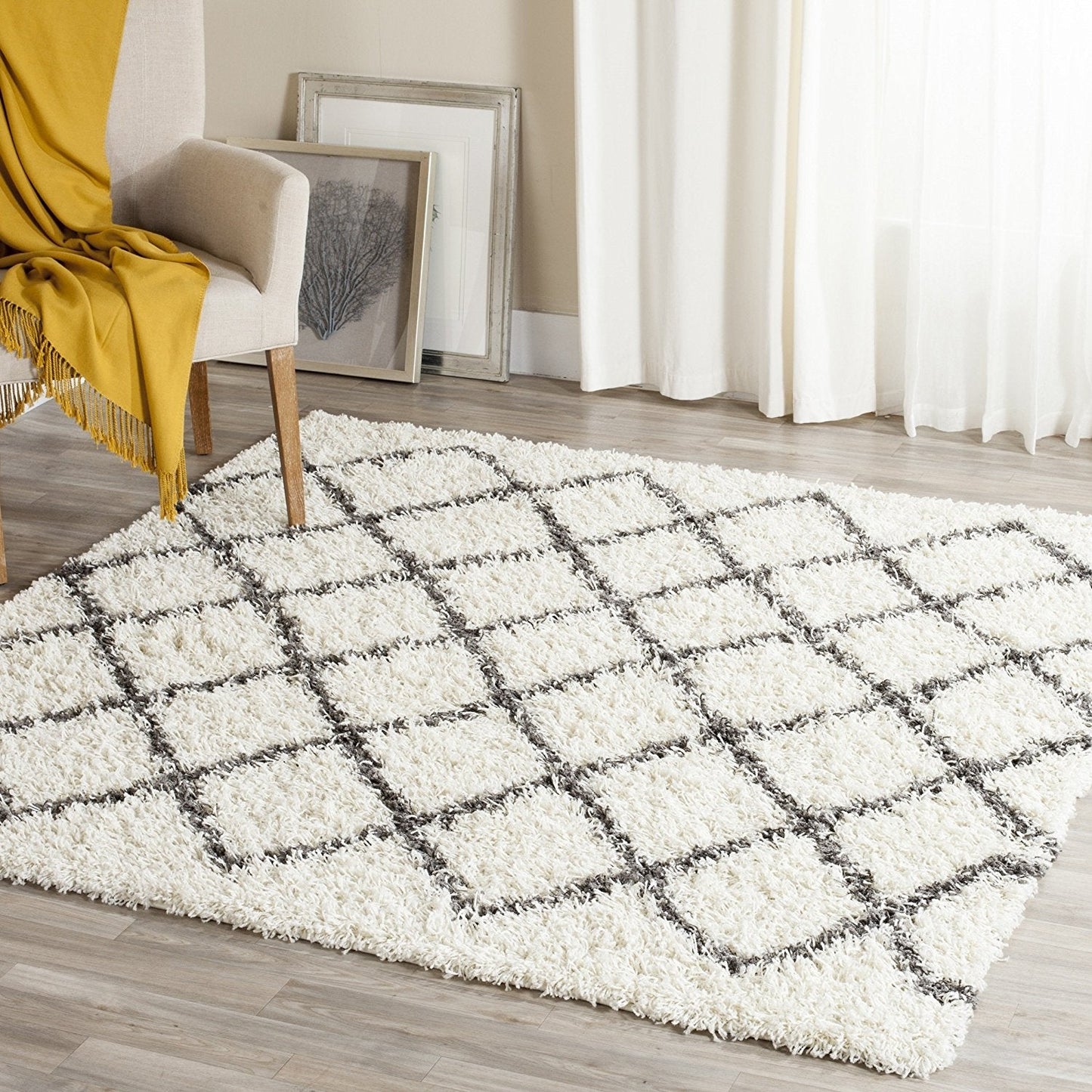 Luxurious Ivory and Dark Grey/Gray Area Rug Shags