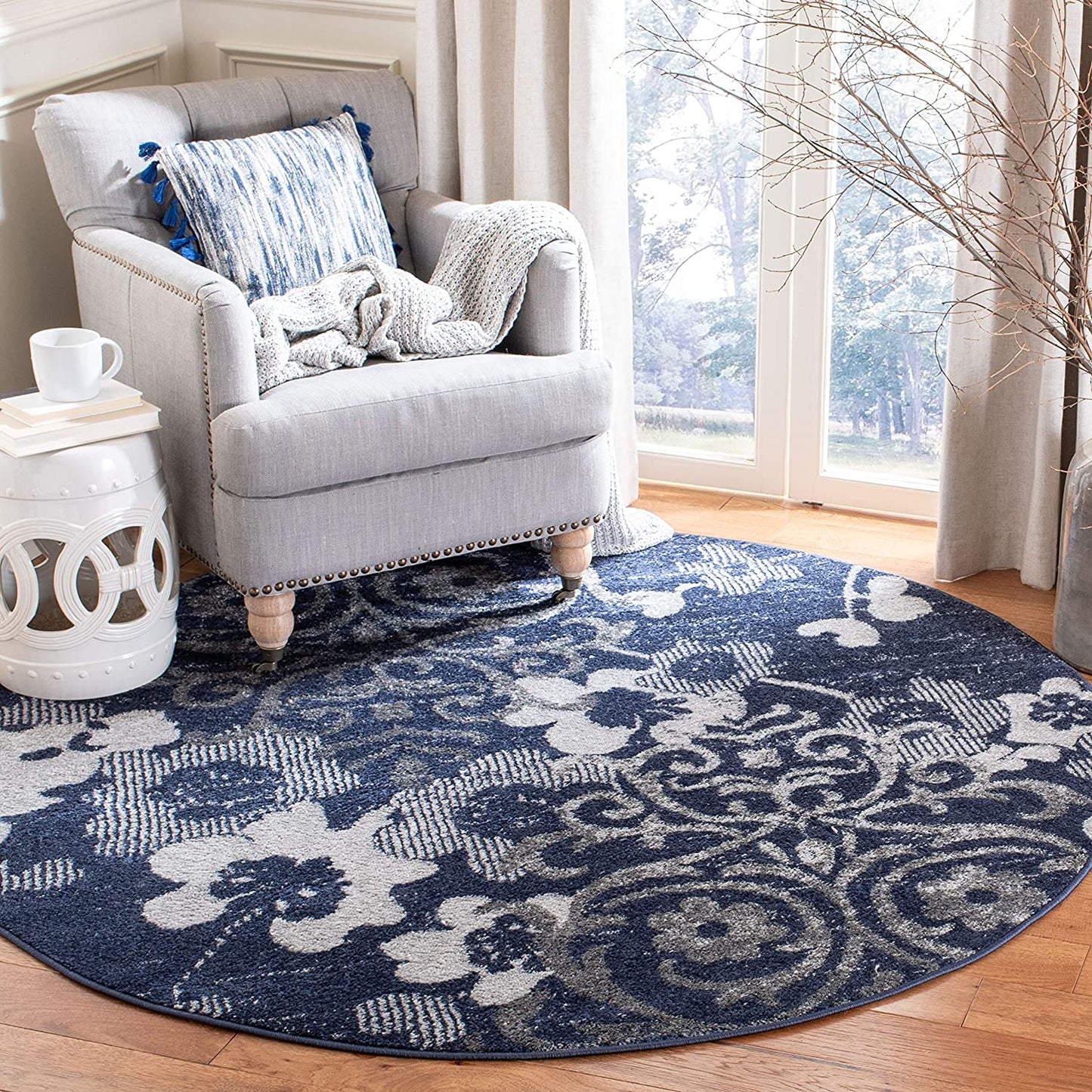 Navy Blue Silver Contemporary Chic Damask Soft Area Rug