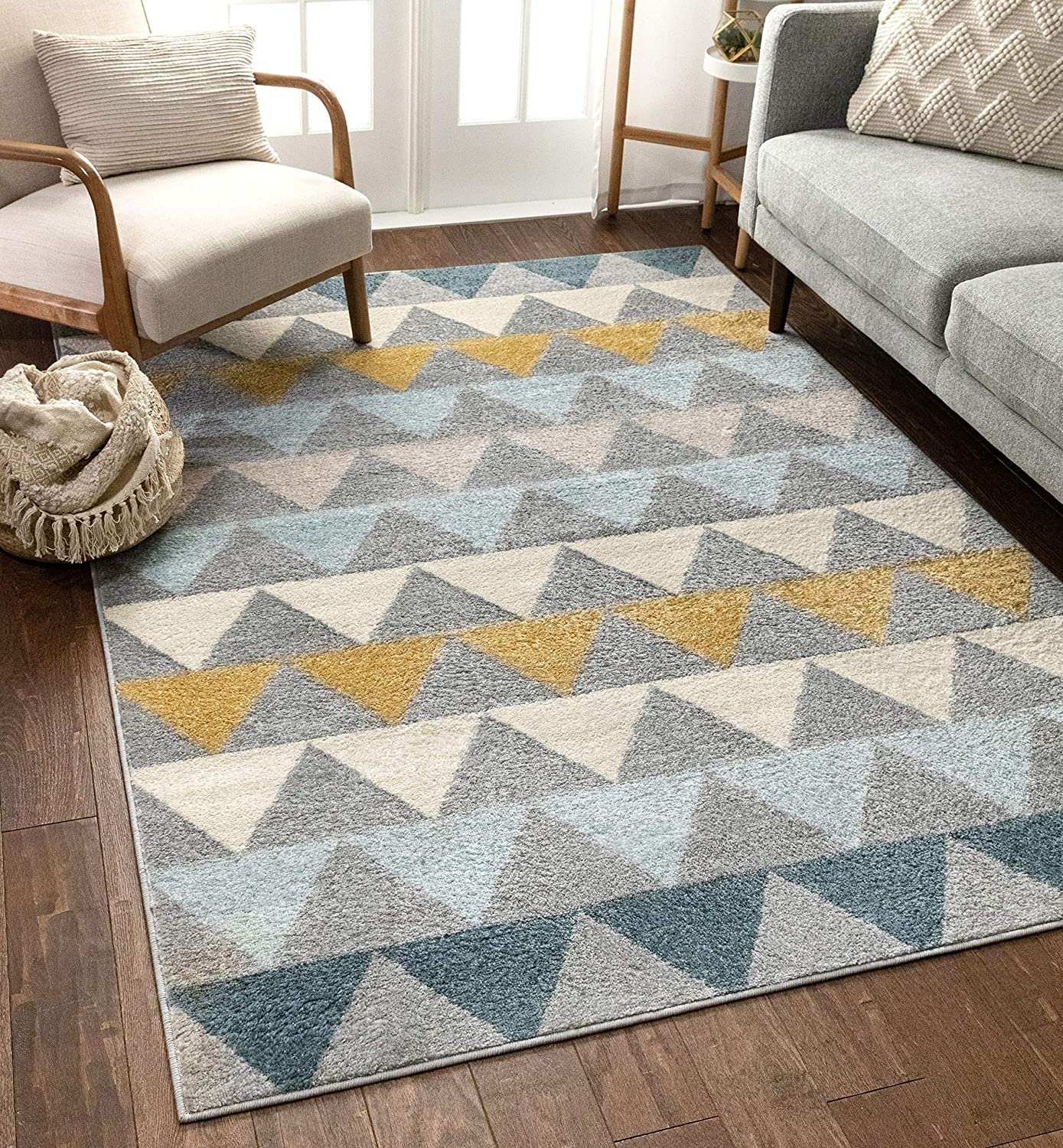 Triangles Geometric Grey Gold Area Rug