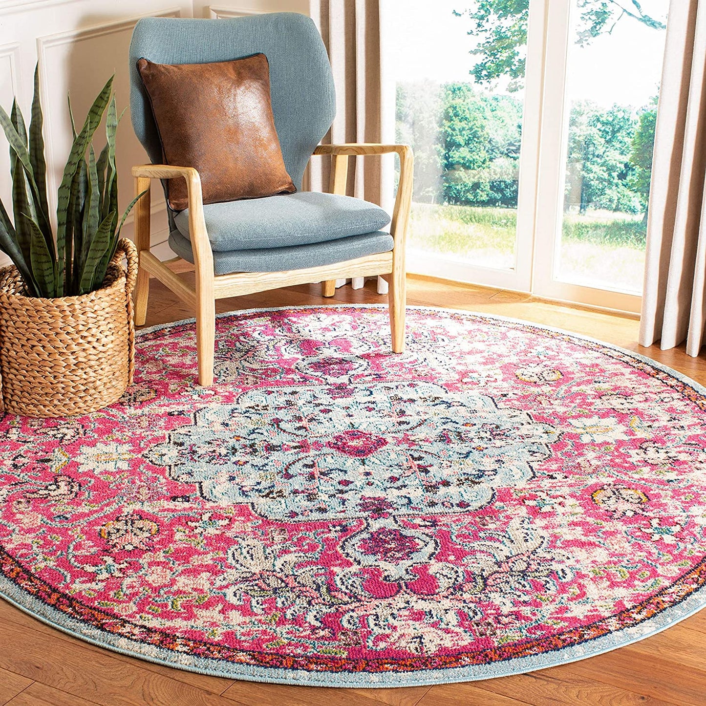 Boho Chic Vintage Medallion Distressed Runner,  Fuchsia/Teal
