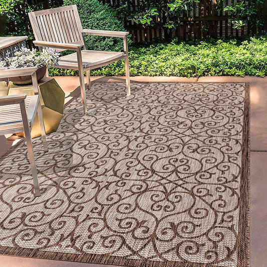 Madrid Vintage Filigree Textured Weave Indoor/Outdoor Taupe/Espresso Area Rug