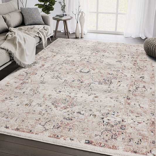 Traditional Cream & Beige Vintage Oriental Medallion Distressed Rug