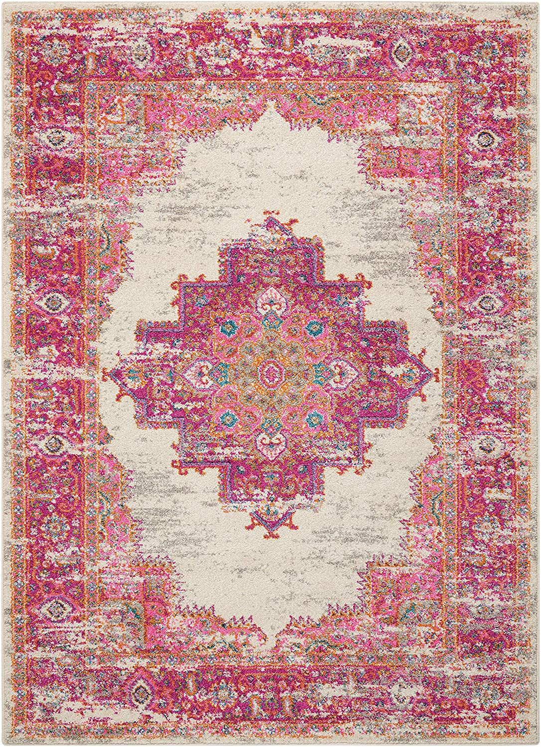 Passion Bohemian Modern/Traditional Area Rug, IVORY/FUSHIA