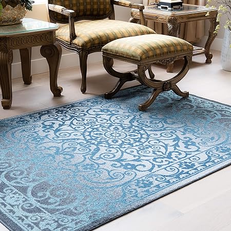 Pelham 2-Piece Non Slip Machine Washable Traditional Vintage Throw and Runner Floor Carpet, 17"x24" + 17"x48", Blue/Grey
