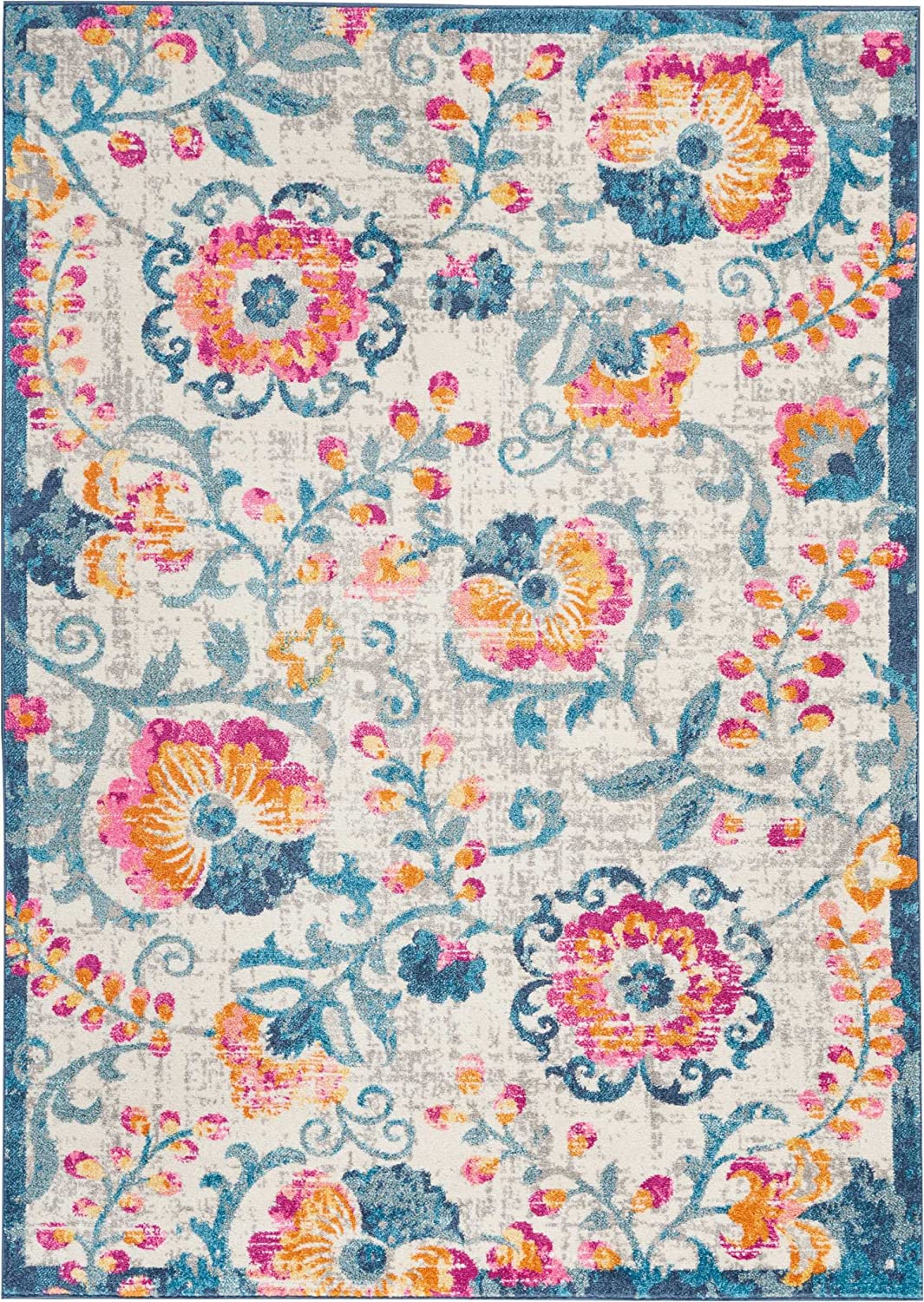 Passion Floral Ivory Blue Fuchsia Soft Area Rug