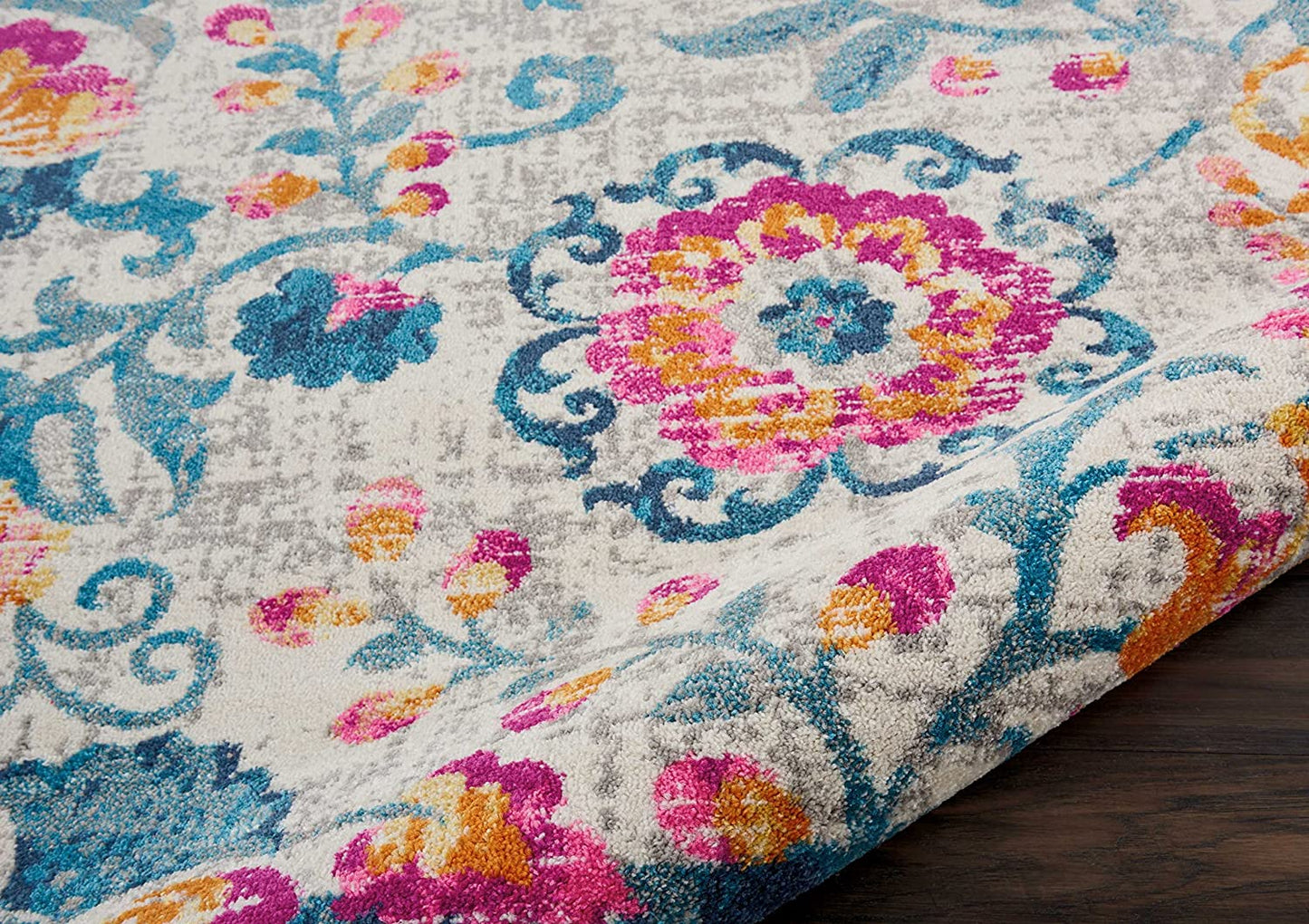 Passion Floral Ivory Blue Fuchsia Soft Area Rug