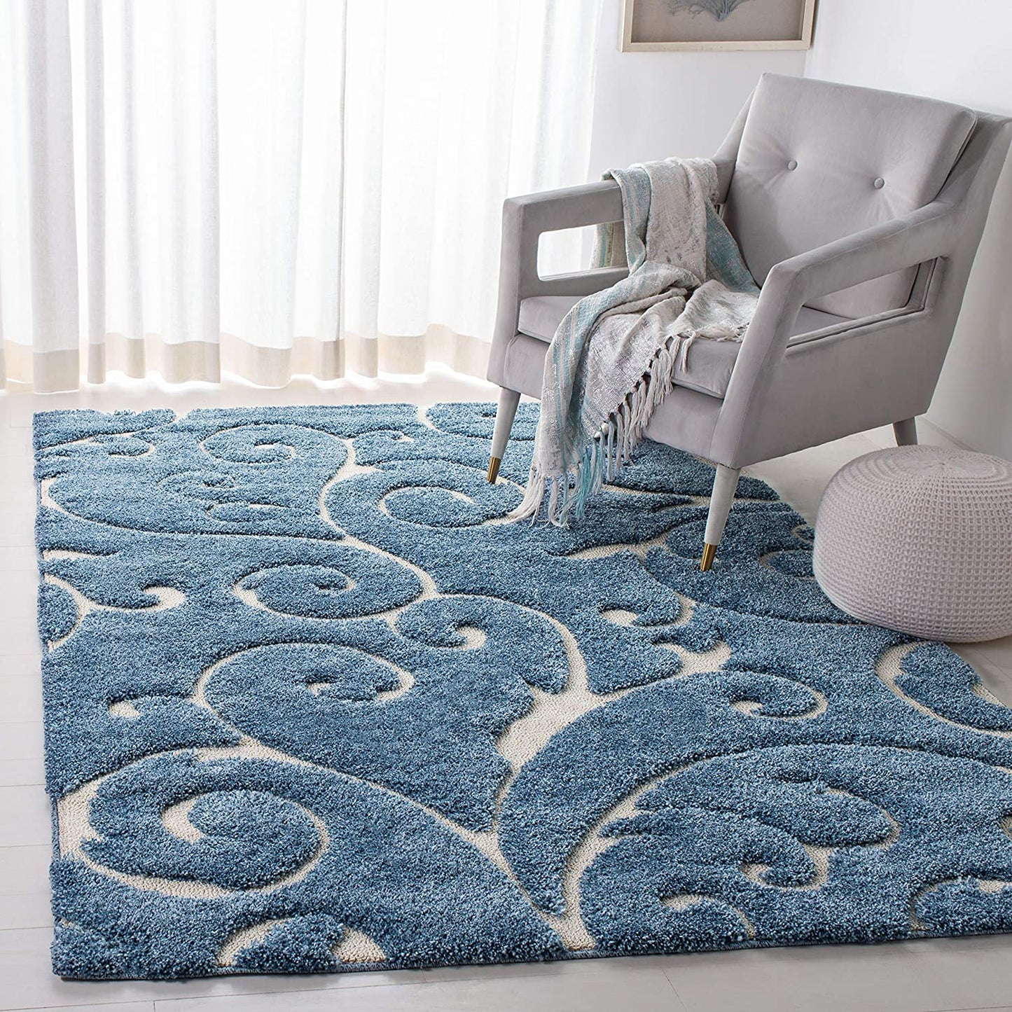 Premium Swirl Thick Plush light Blue/cream Area Shag Rug