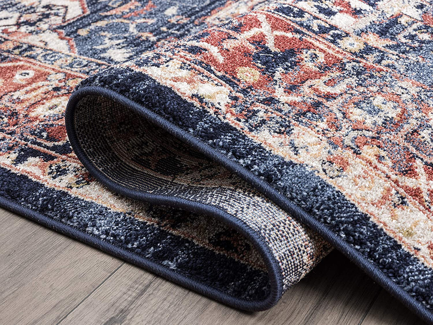 Navy & Beige Vintage Turkish Oriental Medallion Distressed Rug