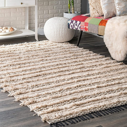 Emerita Tassel Shag Area Rug,  Beige