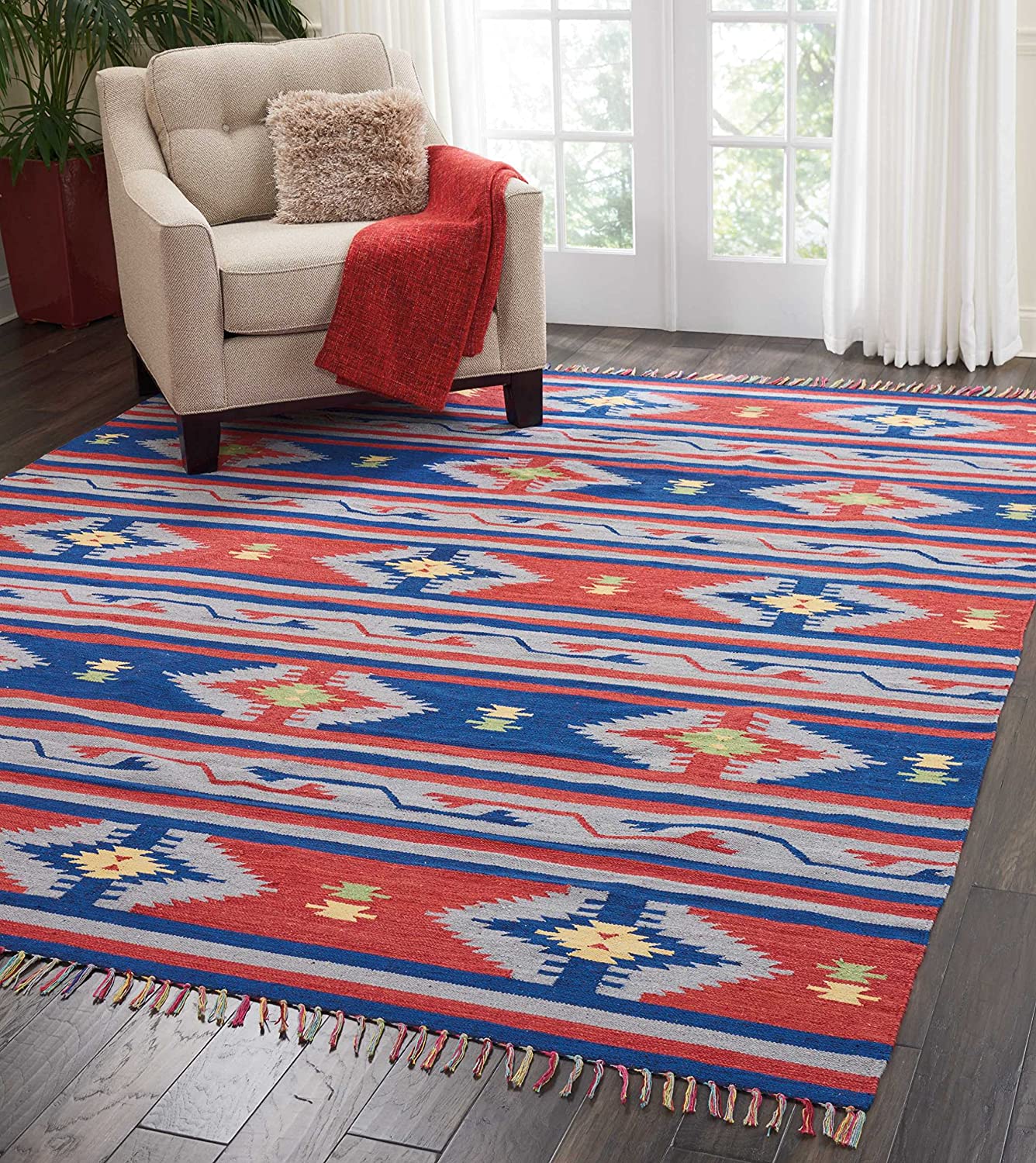 Tribal Cotton Area Rug Blue Red