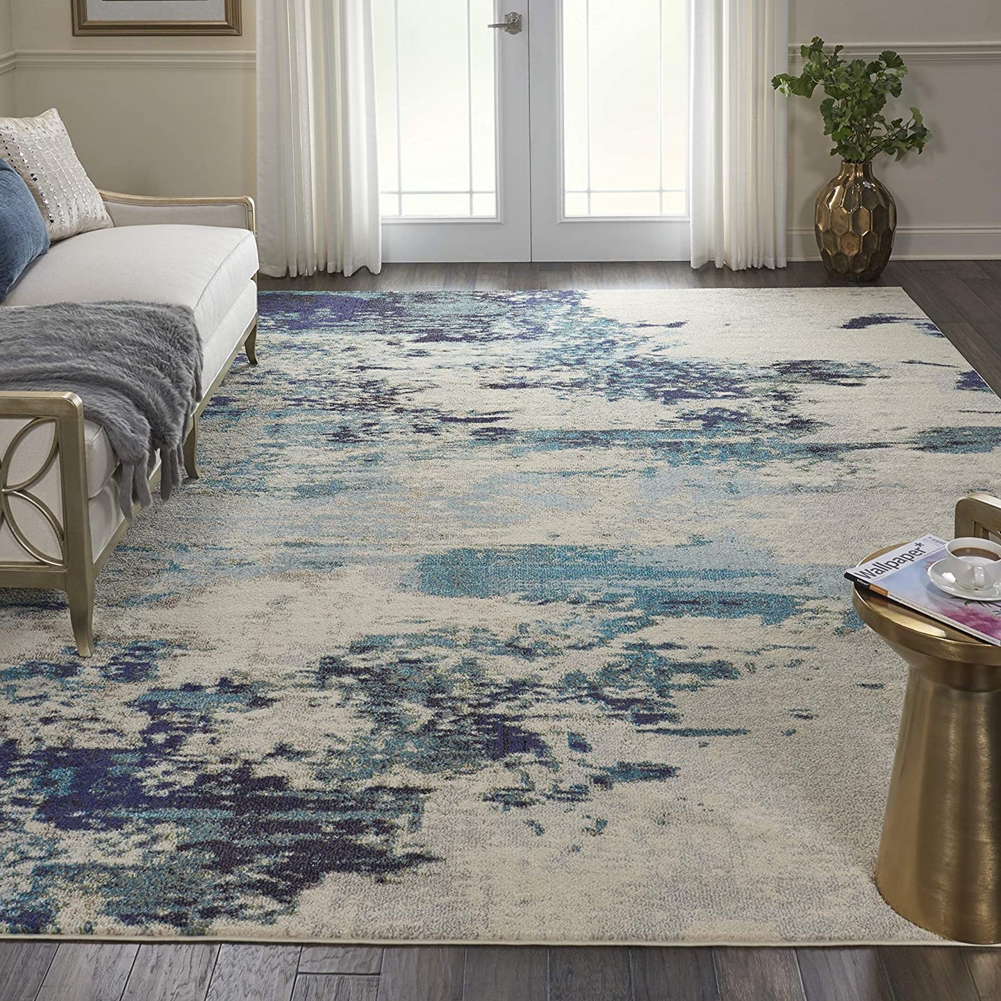 Modern Abstract Area Rug,  Ivory/Teal Blue