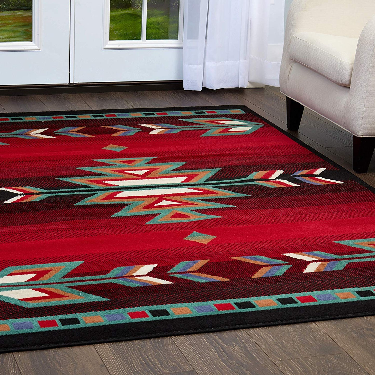 Southwest Black Red Ivory Low Pile Area Rugs