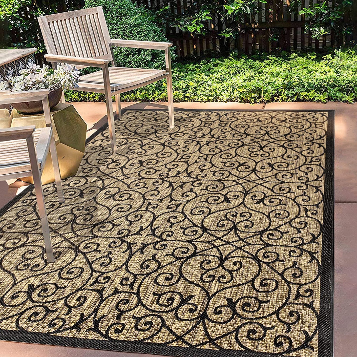 Madrid Vintage Filigree Textured Weave Indoor/Outdoor Black/Khaki Area Rug