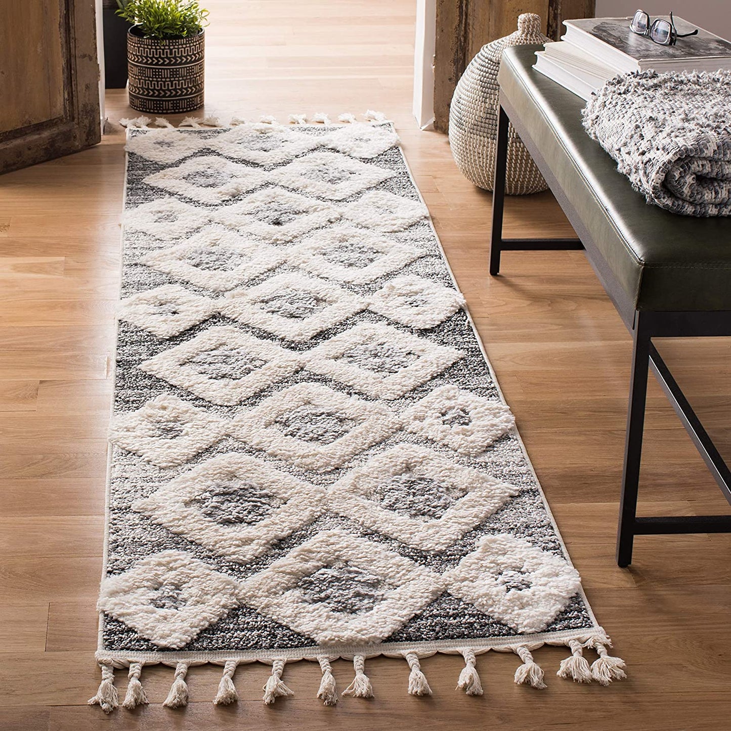 Moroccan Tassel Shag shag Area Rug Ivory / Grey