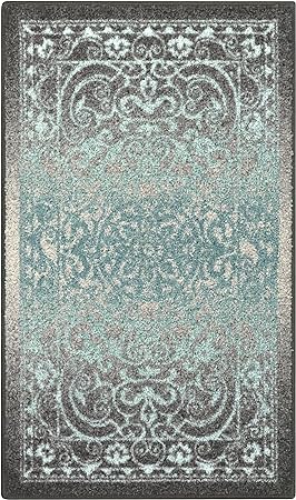 Pelham 2-Piece Non Slip Machine Washable Traditional Vintage Throw and Runner Floor Carpet, 17"x24" + 17"x48", Blue/Grey