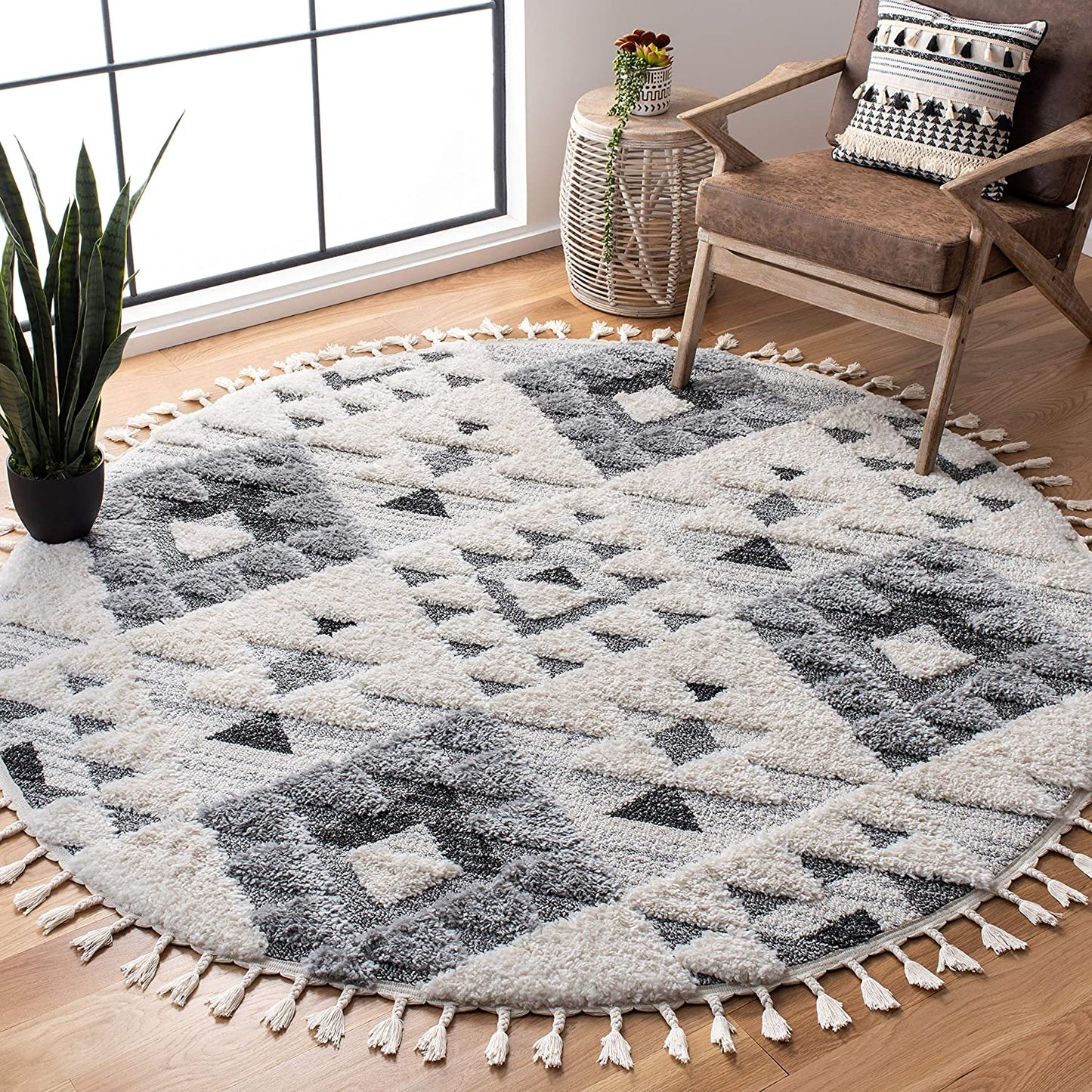Moroccan Tassel Shag shag Area Rug Ivory / Grey