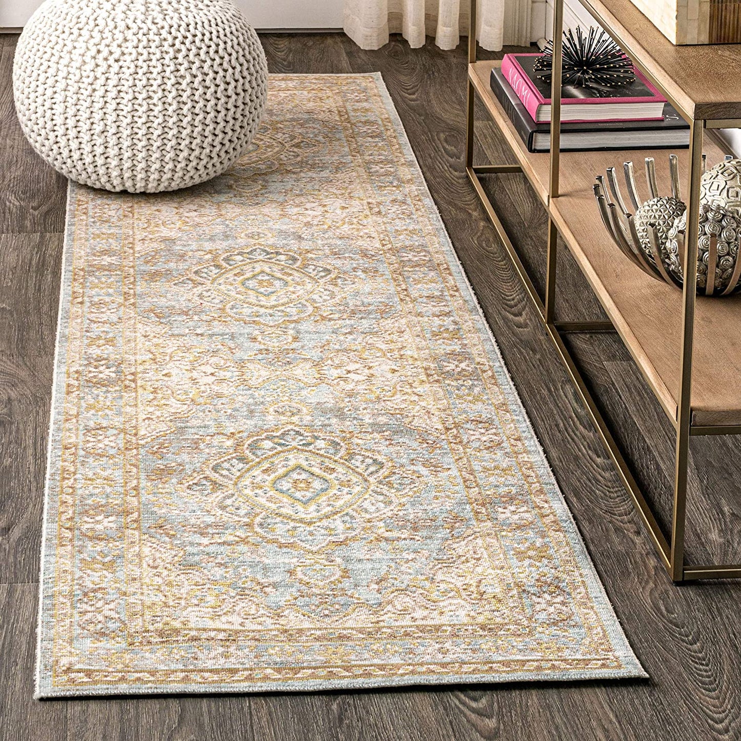 Khilana Floral Medallion Runner Rug, Chambray Blue/Ivory