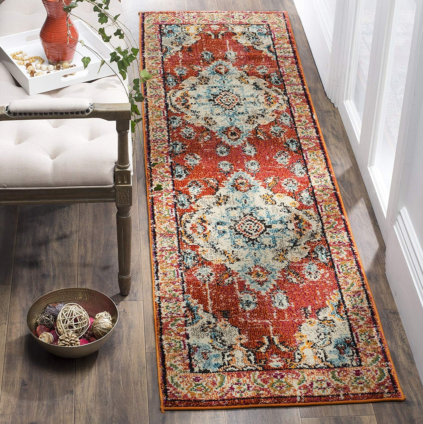 Distressed Orange Light Blue Soft Area Rug