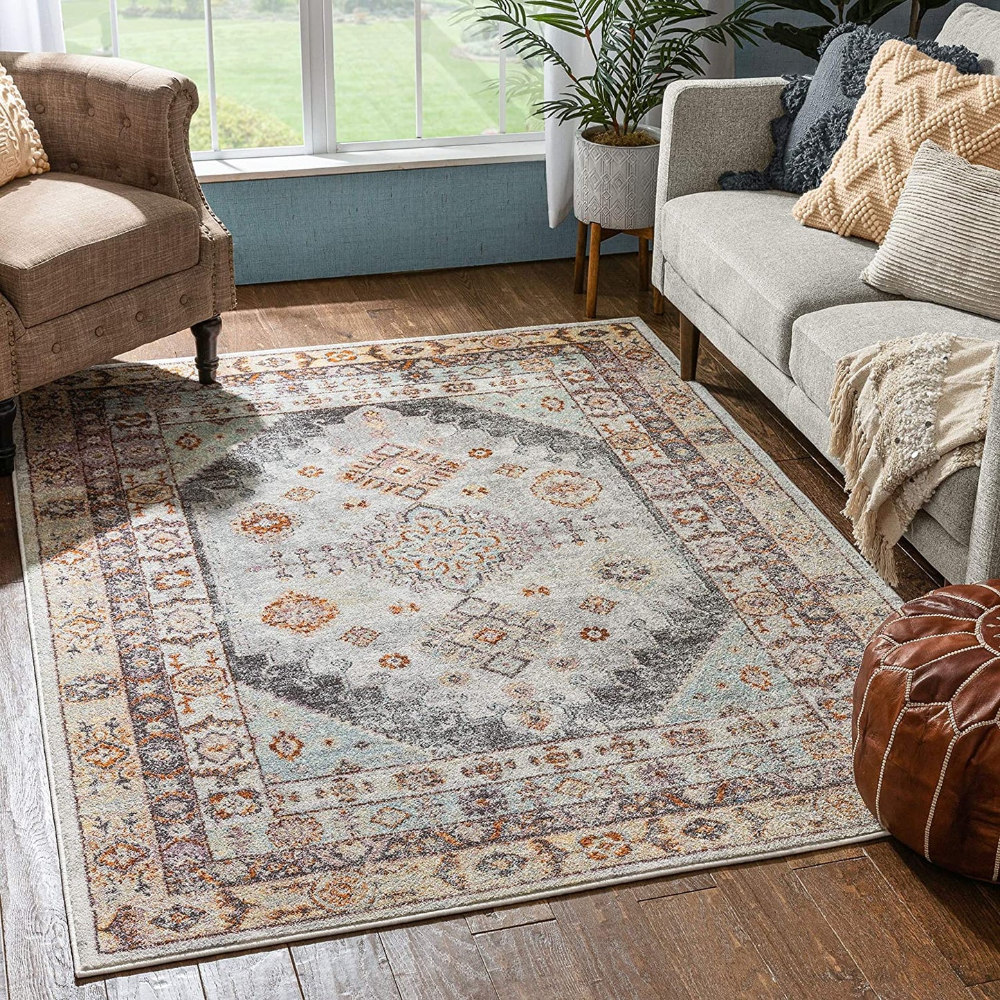 Vera Vintage Ivory Grey Rust Tribal Diamond Medallion Pattern Area Rug