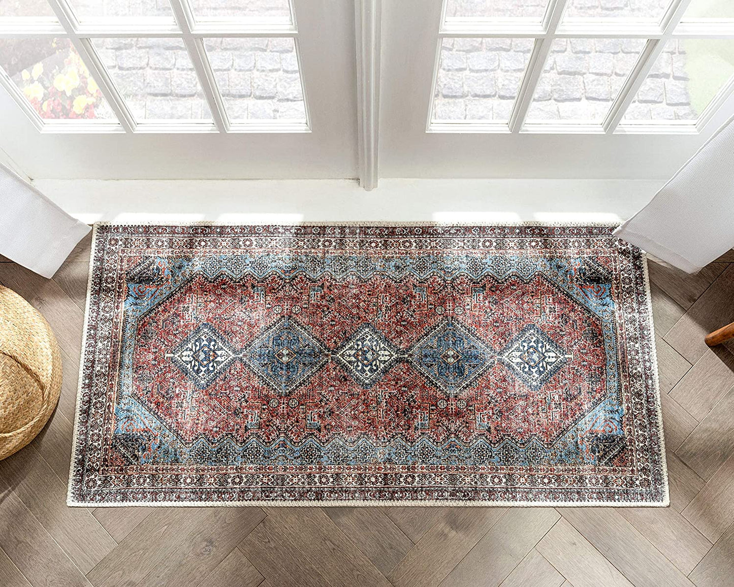 Menda Red Machine Washable Vintage Distressed Persian Soft Area Rug