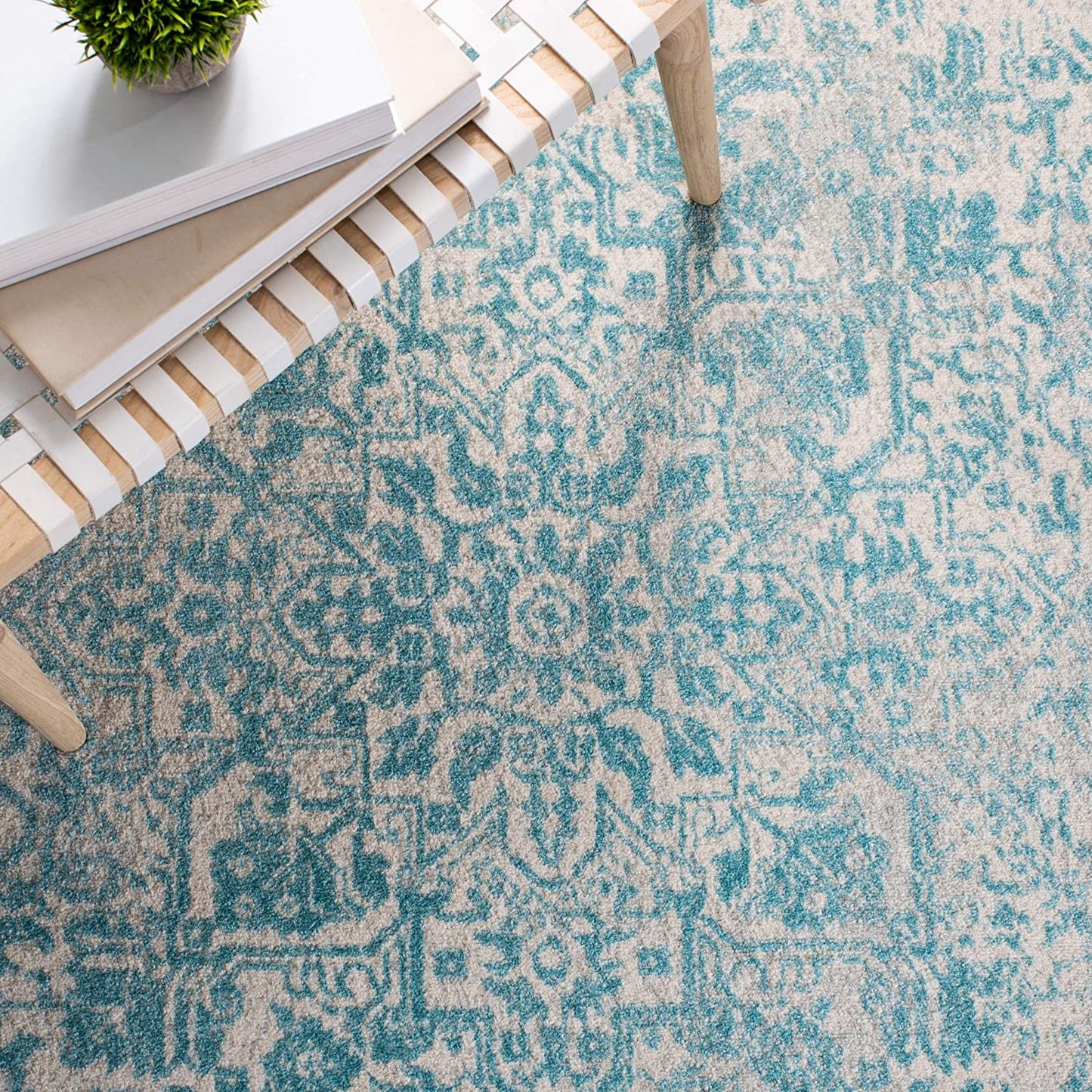 Oriental Shabby Chic Vintage Distressed Area Rug Ivory/Aqua