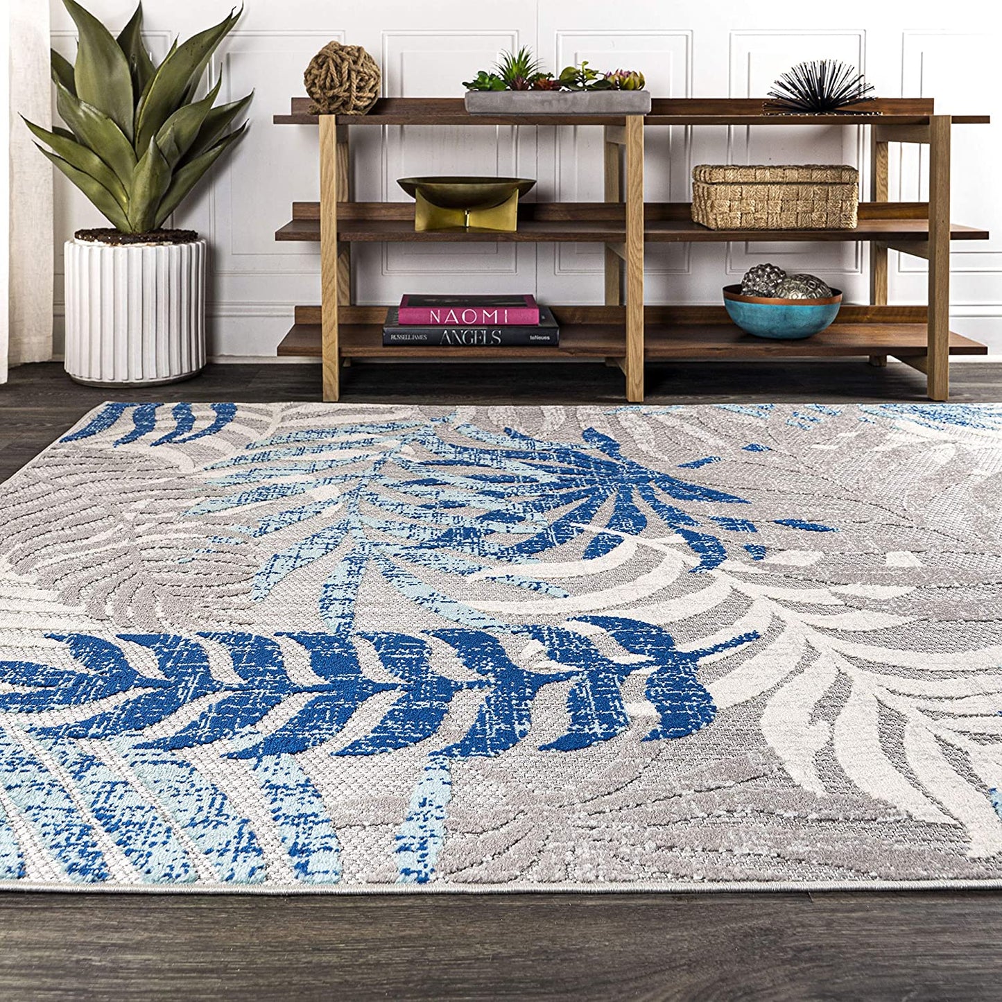 Tropics Palm Leaves Indoor/Outdoor Gray/Blue Area Rug