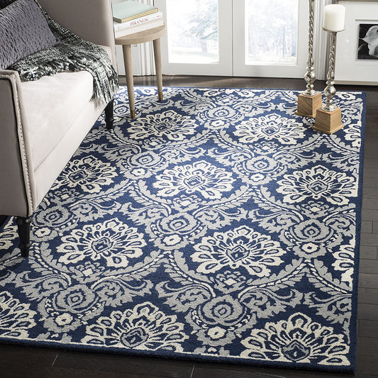 Handmade Premium Wool Area Rug, Navy / Ivory