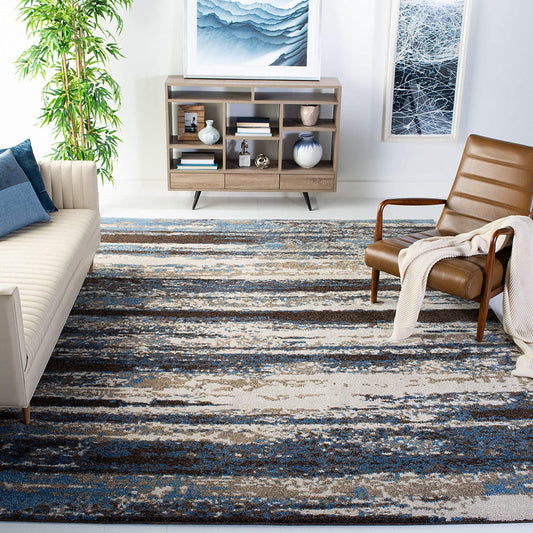 Cream and Blue Modern Abstract Area Rug