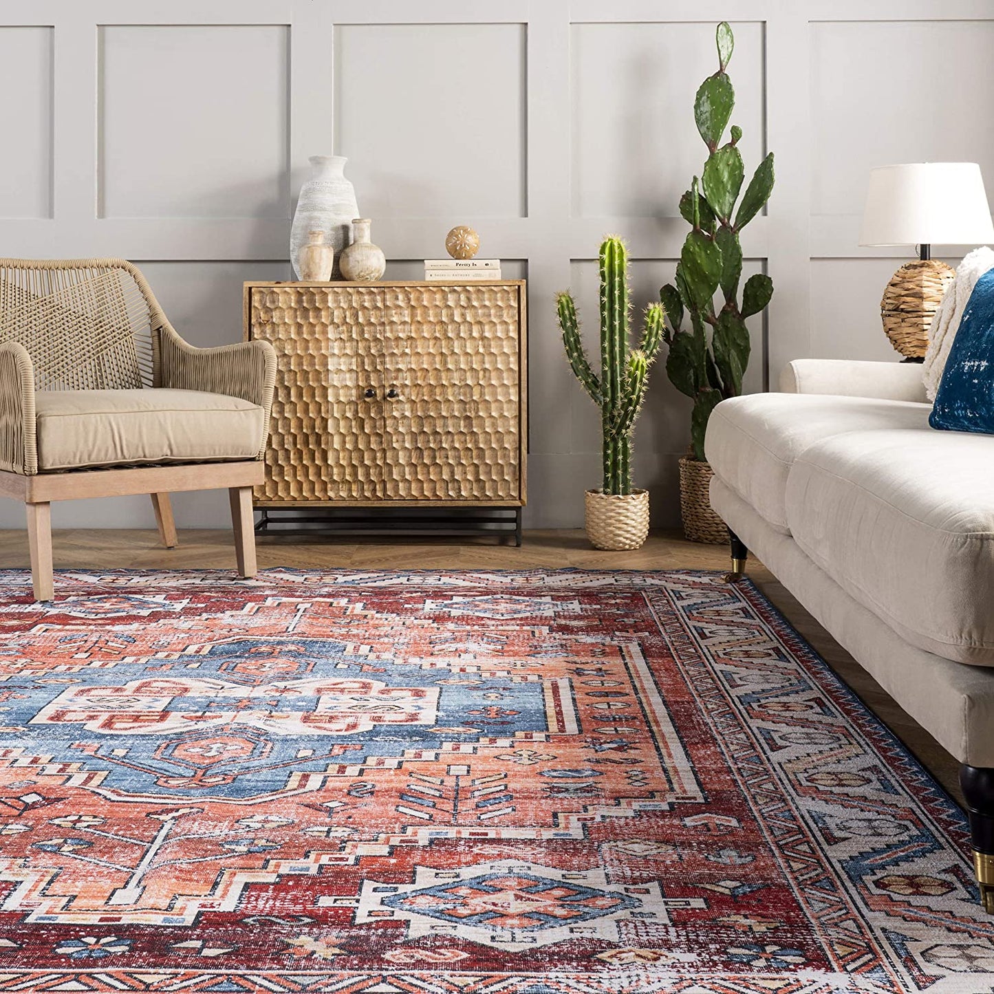 Marli Machine Washable Faded Medallion Area Rug, Rust