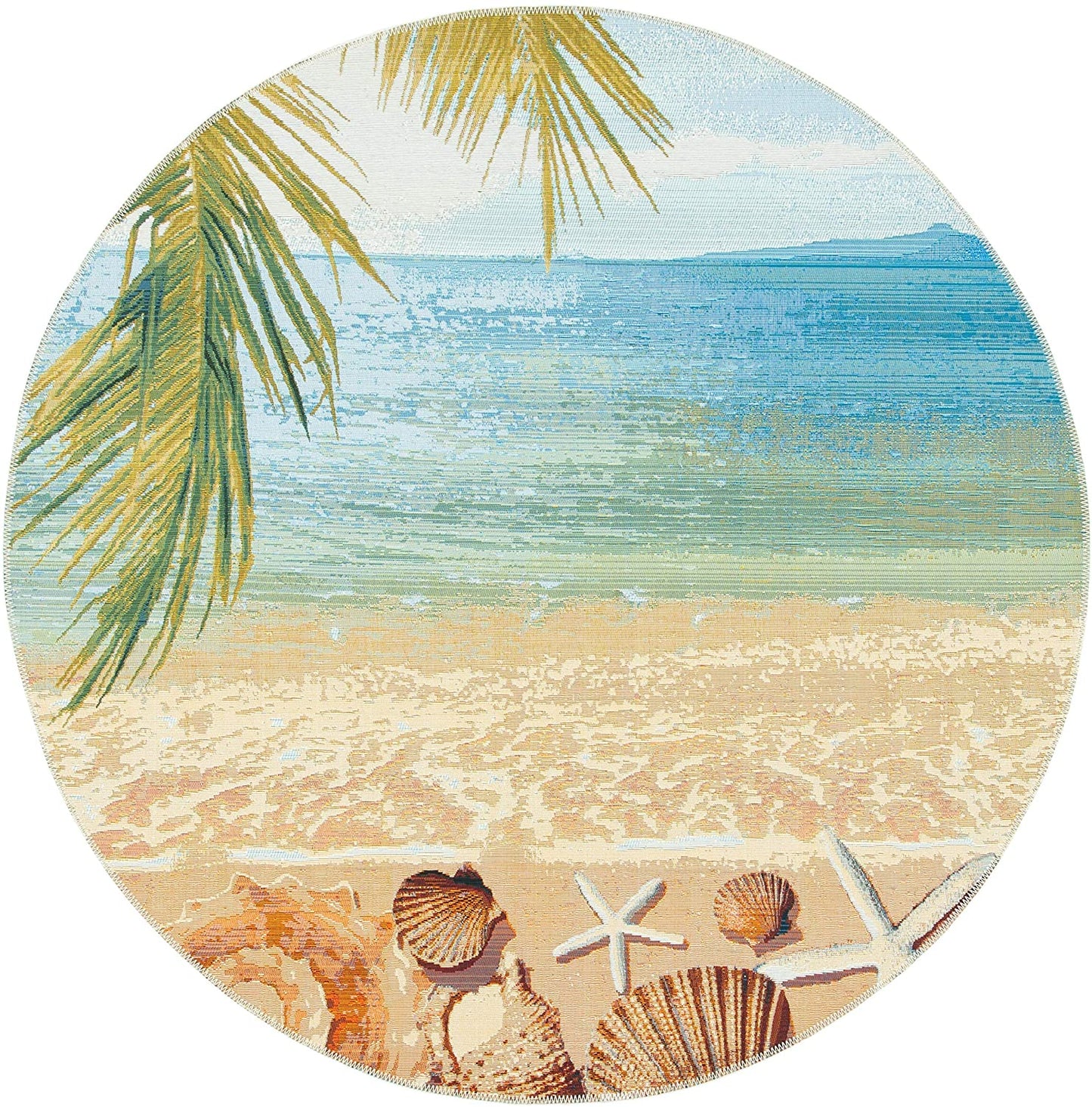 Tropical Beach Seashell Indoor/ Outdoor Patio Backyard Area Rug, Gold / Blue