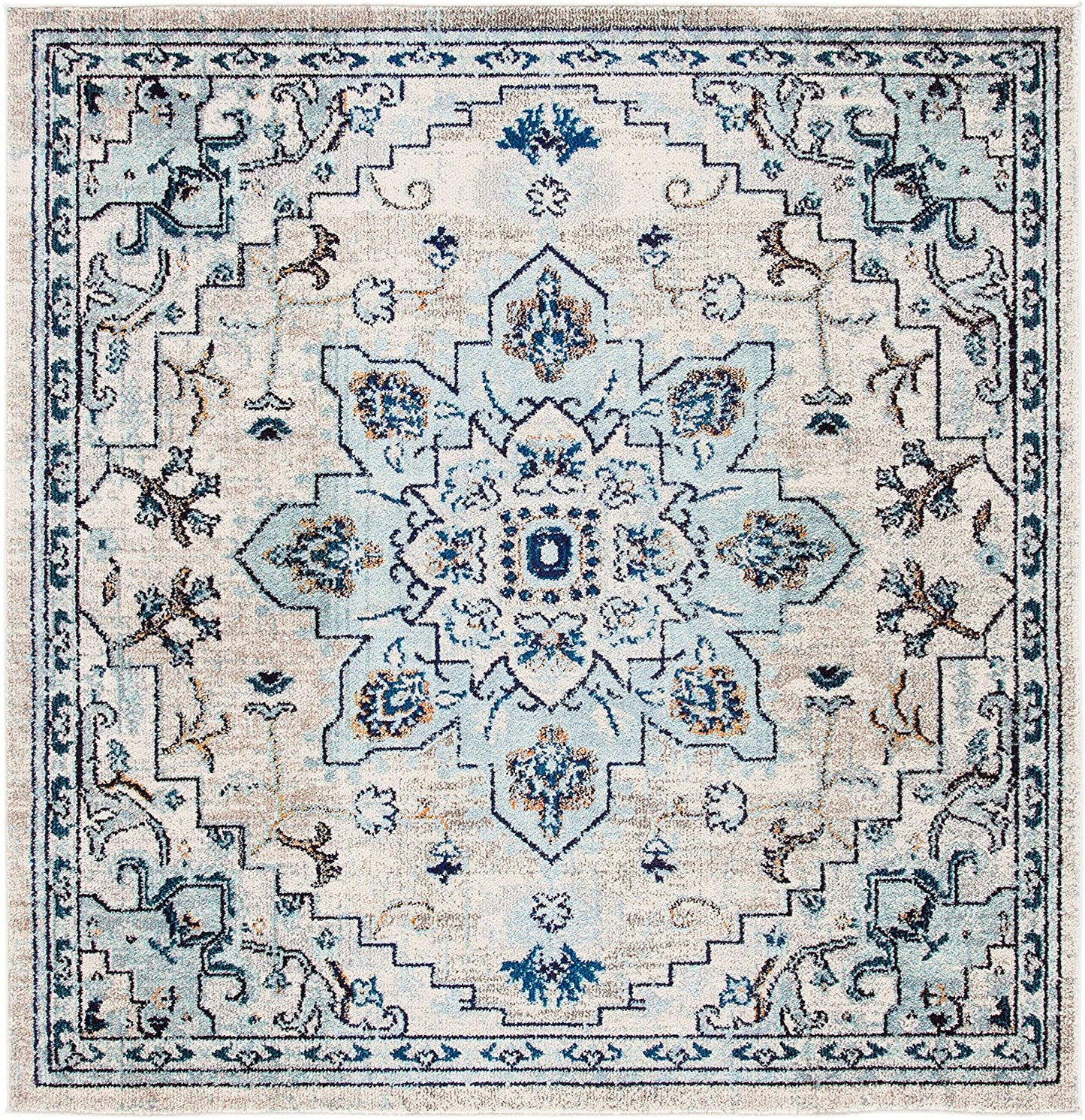 Boho Chic Medallion Distressed Soft Area Rug, Ivory / Light Blue
