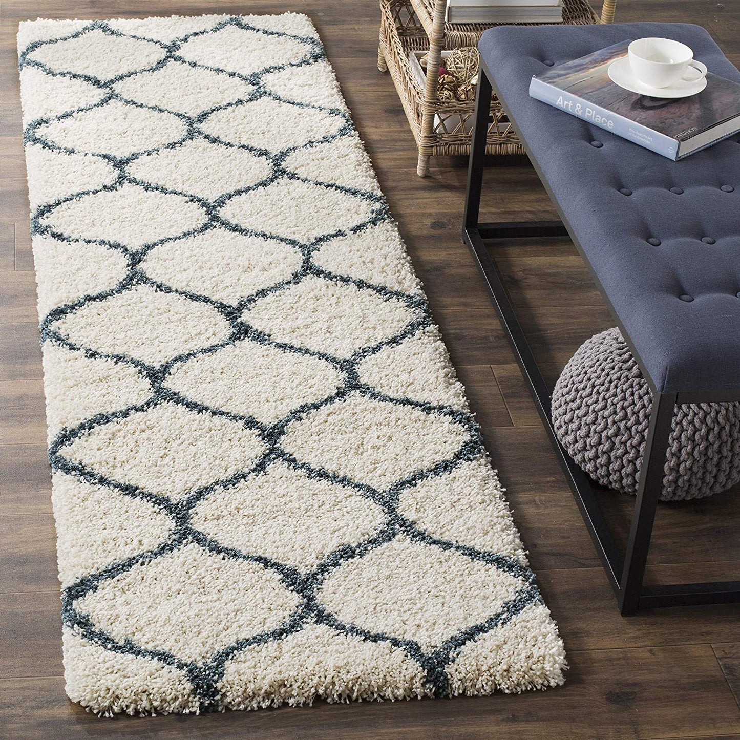 Moroccan Pattern Ivory Slate Blue Plush Area Rug