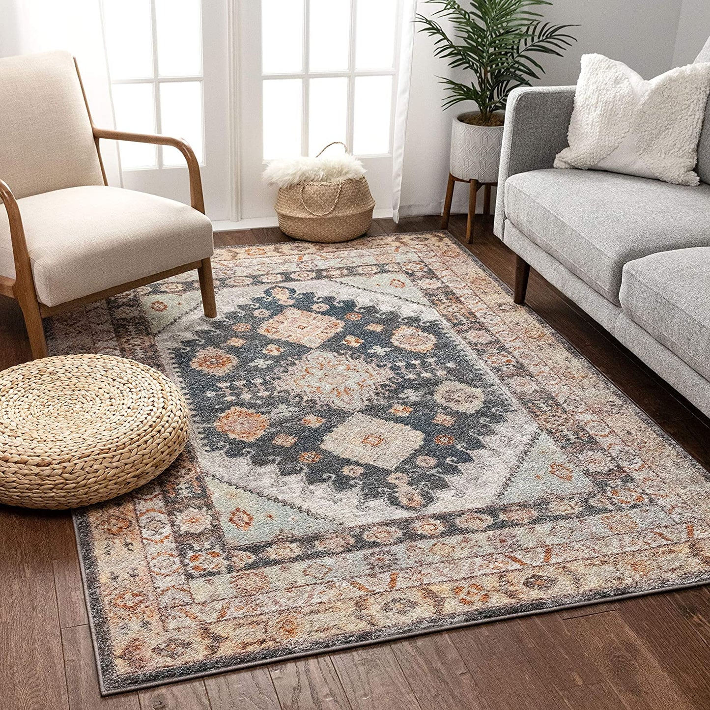 Vera Vintage Blue Tribal Diamond Medallion Pattern Area Rug