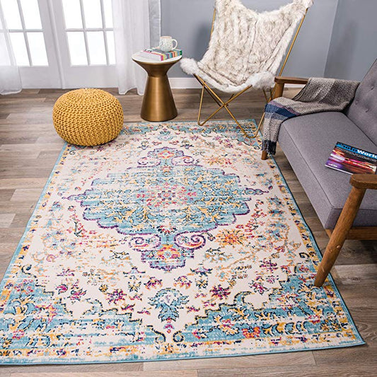 Vintage Medallion Floral Ivory Blue Soft Area Rug