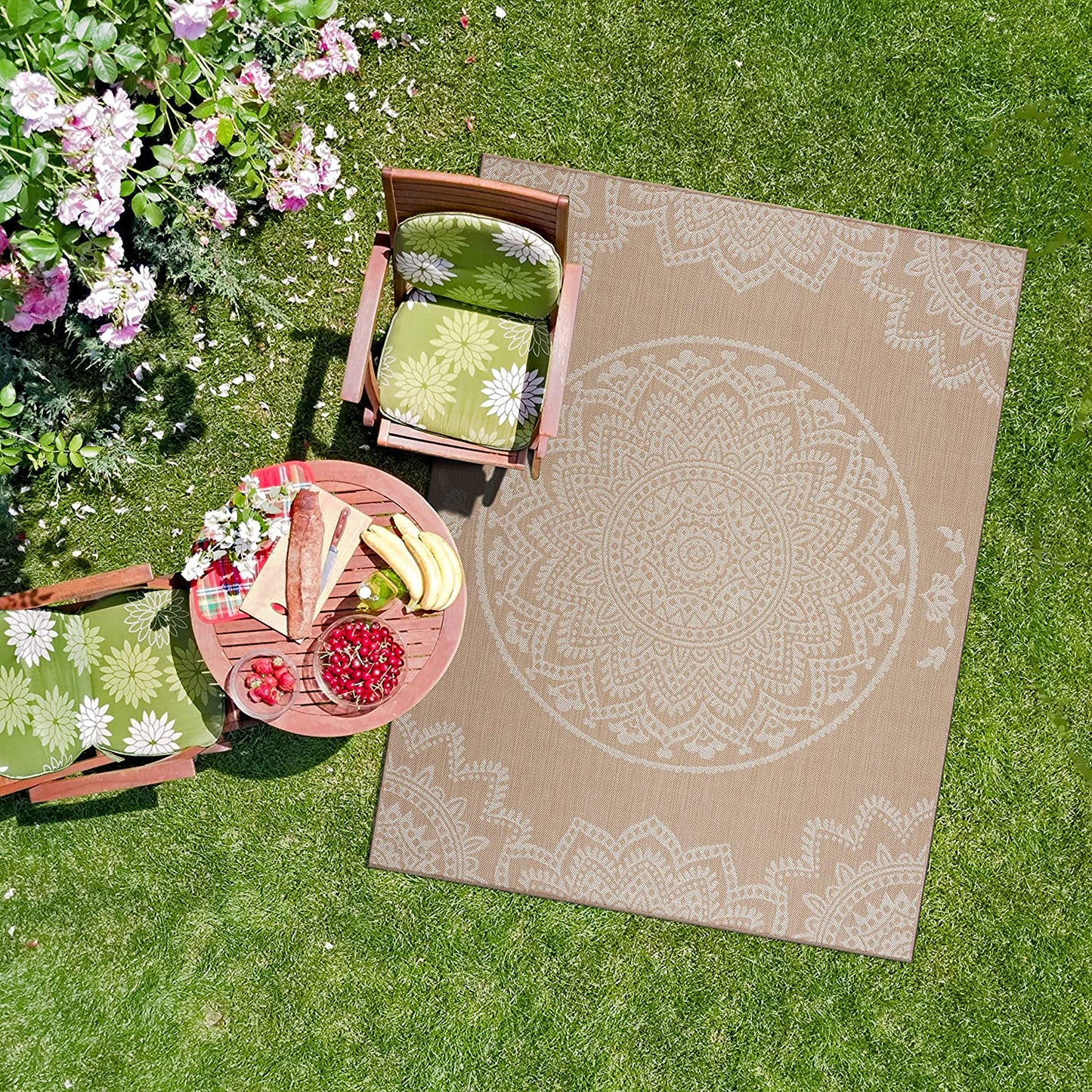 Modern Area Rugs for Indoor Outdoor patios - Medallion - Beige / White