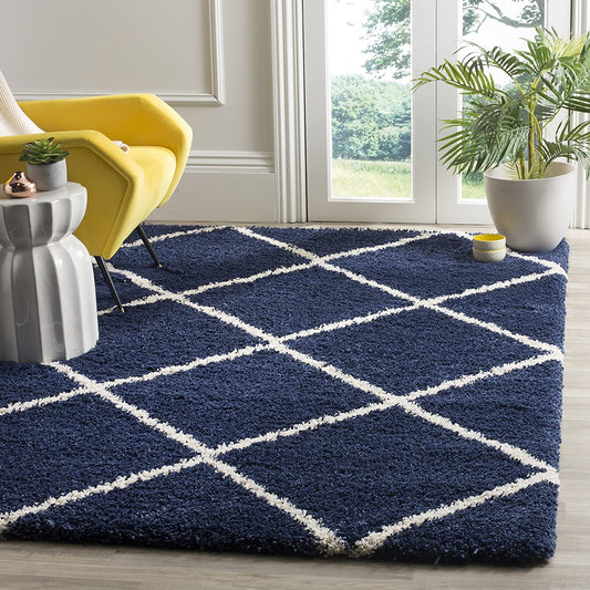Diamond Trellis Navy/Ivory Soft Plush Shag Area Rug 2-inch Thick