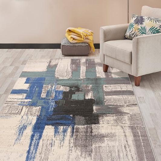 Abstract Blue Gray Ivory Area Rug