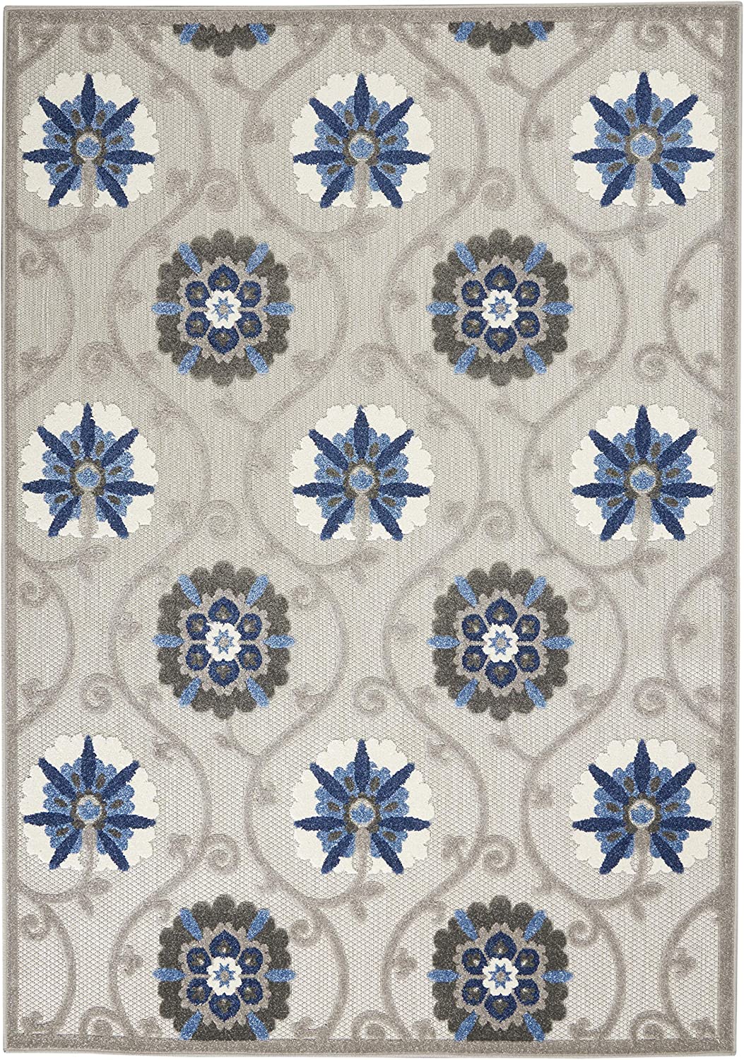 Aloha Indoor Outdoor Floral Grey Blue Soft Area Rug