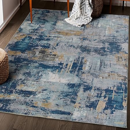 Non-Shed - Eco-Friendly, Machine Washable Rug - Stain Resistant, Made from Premium Recycled Fibers - Abstract Contemporary - Blue, 2'6" x 6'