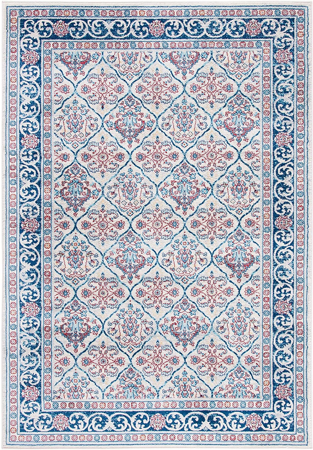 Oriental Damask Trellis Soft Area Rug, Beige / Navy