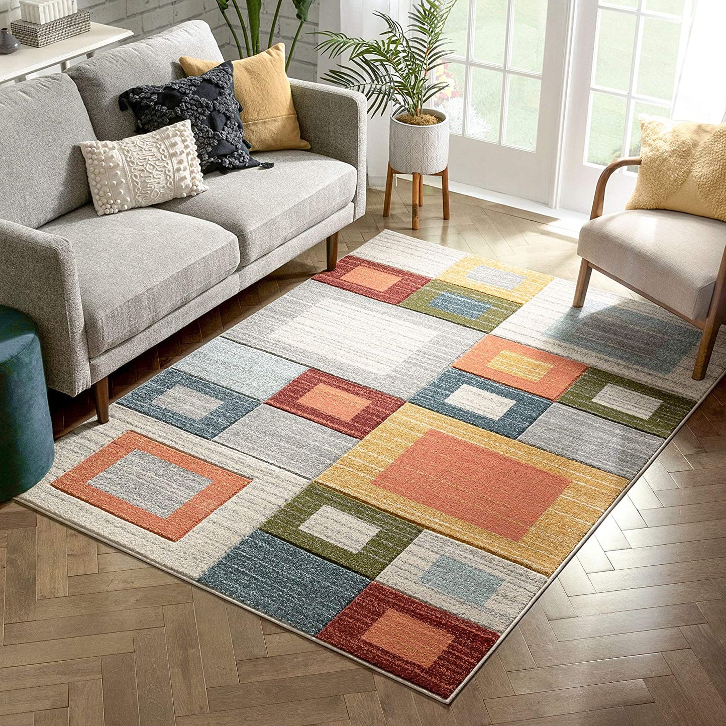 Multi Modern Geometric Boxes Pattern Area Rug