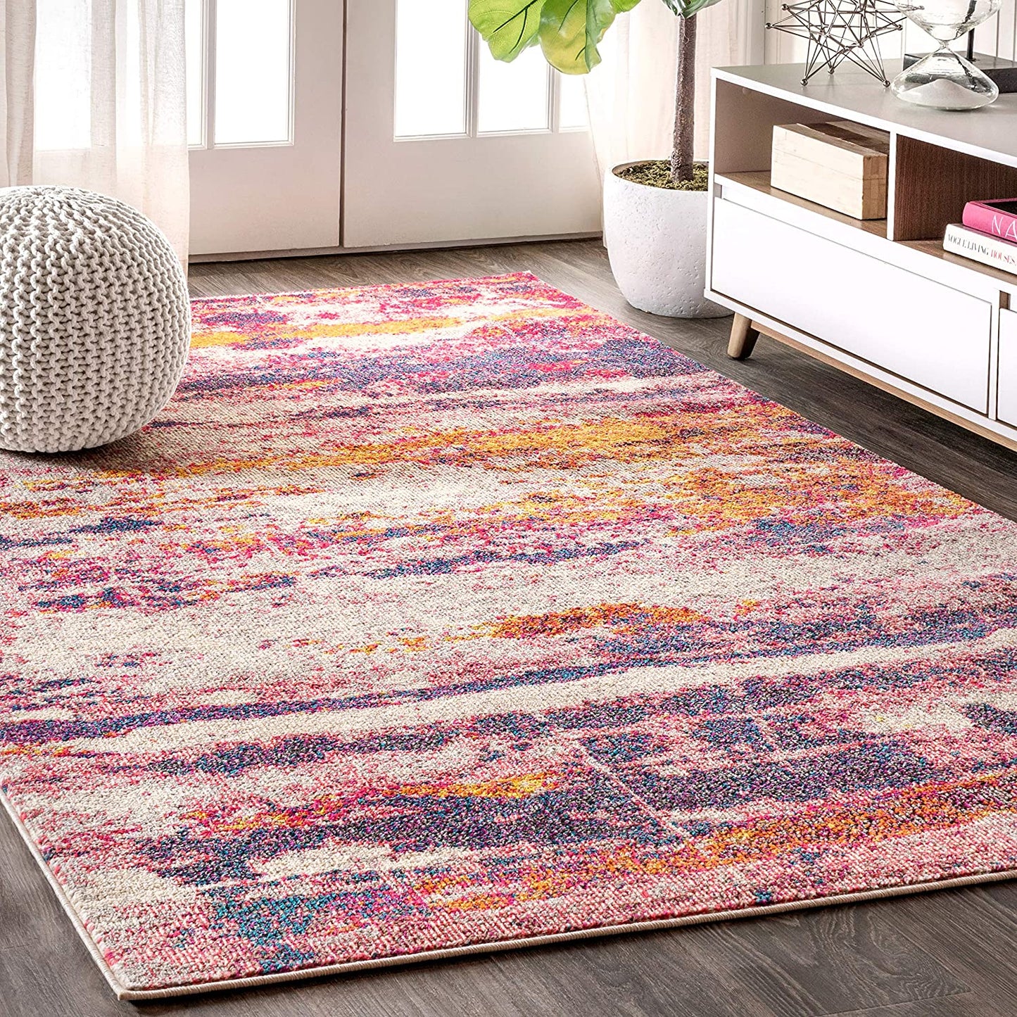 Modern Abstract Brushstroke Pink/Cream Soft Rug