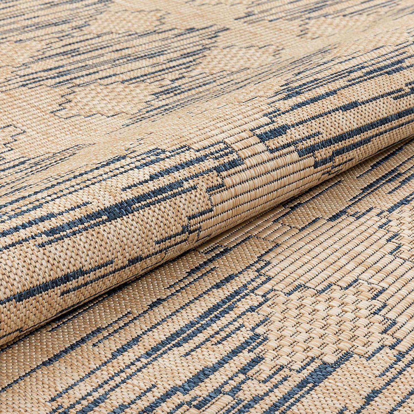 Beige Blue Indoor/Outdoor Flat Weave Pile Nordic Diamond Pattern Area Rug