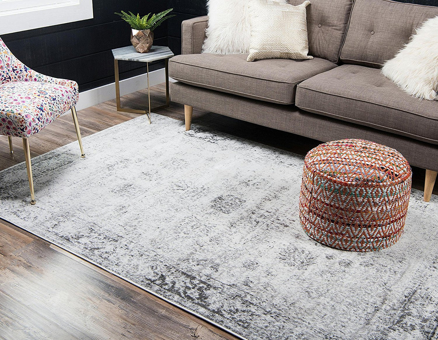 Vintage Distressed Bordered Gray Area Rugs