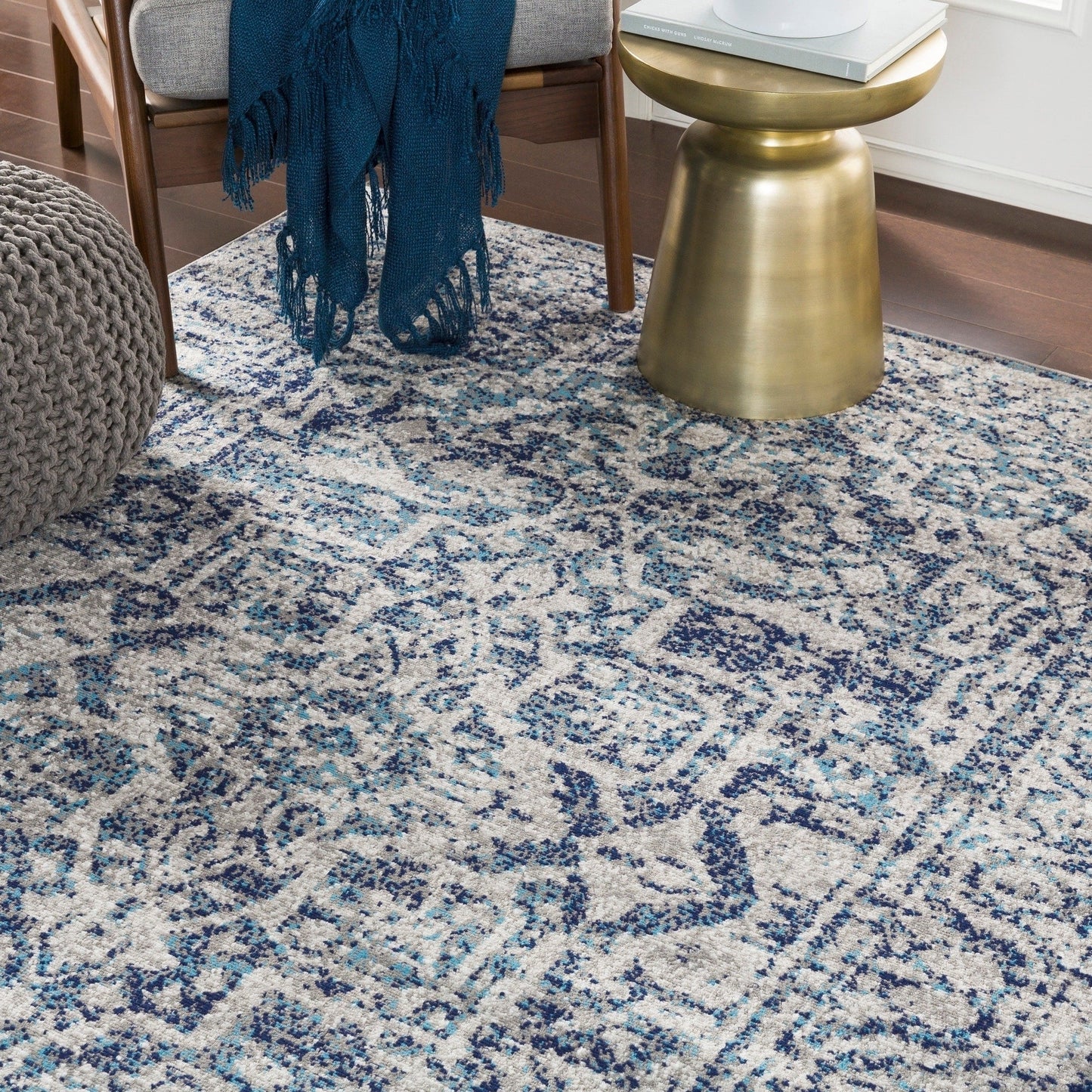 Vintage Navy Blue Gray White Area Rug