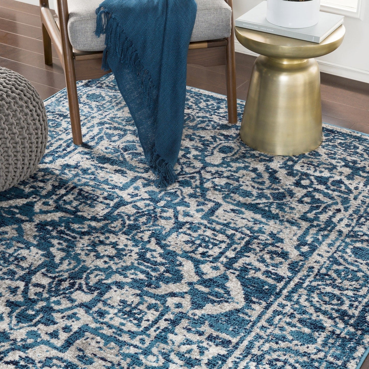 Vintage Medallion Sky Blue White Area Rug